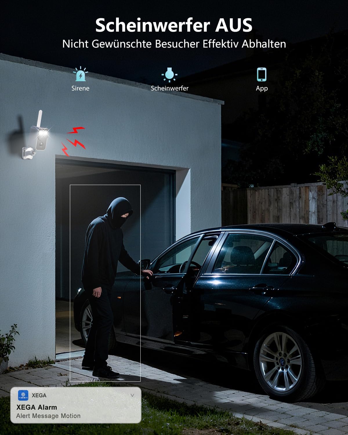 Xega 4G Überwachungskamera mit Scheinwerfer, Sirene und App-Alarm, stoppt Einbrecher vor Auto