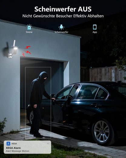 Xega 4G Überwachungskamera mit Scheinwerfer, Sirene und App-Alarm, stoppt Einbrecher vor Auto