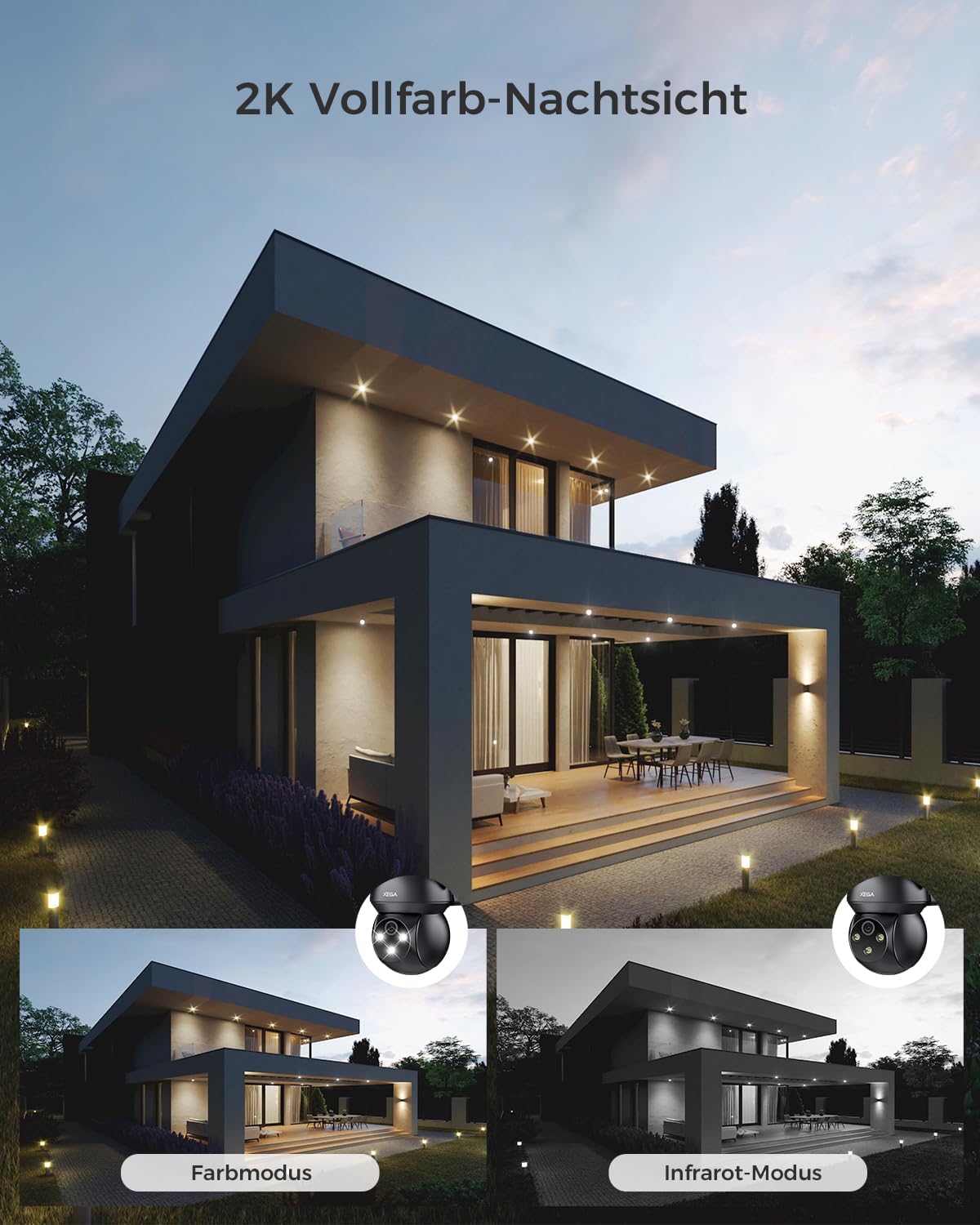 Xega 4G outdoor camera shows 2K HD color night vision on a modern house at dusk.