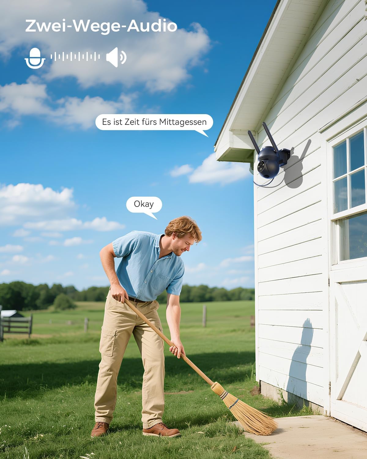 Xega 4G outdoor camera with two-way audio feature, showing a man outside a building talking via the camera