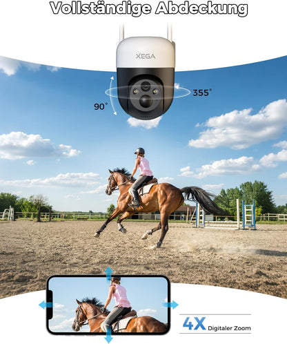 Xega 4G LTE Überwachungskamera mit 355° Schwenk, 90° Neigung und 4x Digitalzoom in Aktion bei Pferderennen.
