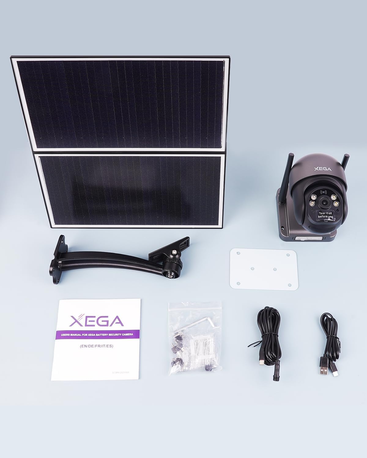 Xega 4G LTE Überwachungskamera Komplettset: 2K-Kamera, 20W Solarpanel, Halterung, Kabel & Zubehör für Aussen.