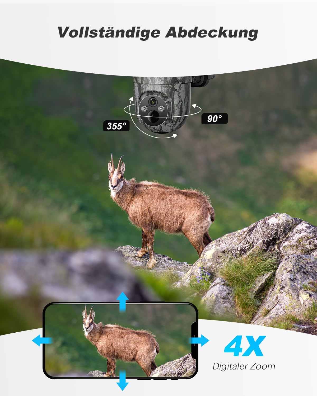 Xega 4G LTE PTZ Wildkamera mit 355° Schwenk und 90° Neigung, zeigt Gämse in 4X Digitalzoom auf Smartphone-Display.