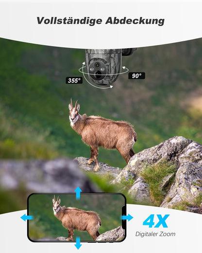 Xega 4G LTE PTZ Wildkamera mit 355° Schwenk und 90° Neigung, zeigt Gämse in 4X Digitalzoom auf Smartphone-Display.