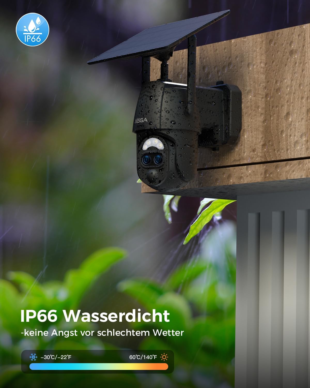 Xega black outdoor solar security camera with dual lens, IP66 waterproof, and temperature range of -30°C to 60°C.