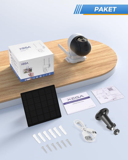 Xega 4G LTE Solar Überwachungskamera Paket mit 5W Solarpanel, 9000mAh Akku, Halterung und Montagematerial