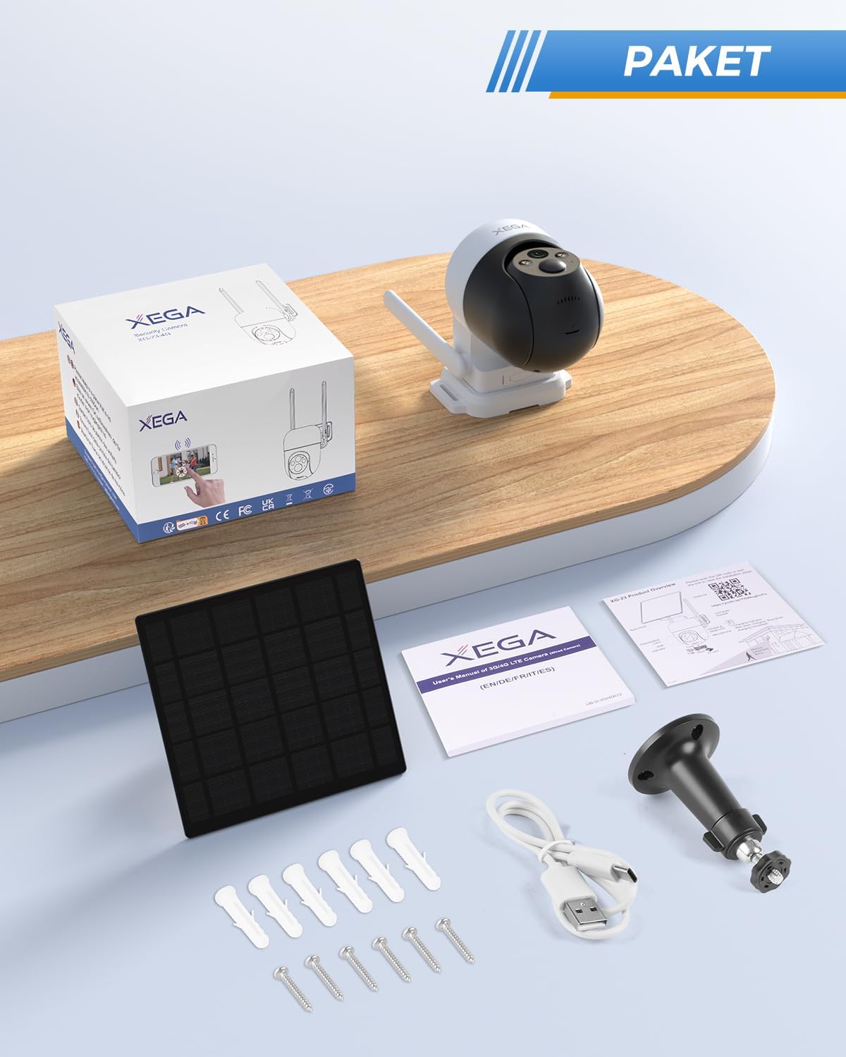 Xega 4G LTE Solar Überwachungskamera Paket mit 5W Solarpanel, 9000mAh Akku, Halterung und Montagematerial
