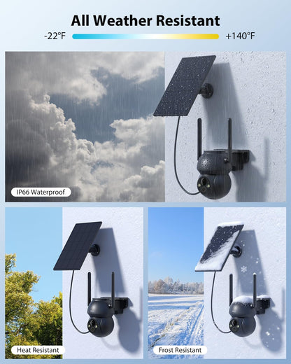 Xega WLAN solar security camera, IP66 waterproof and all-weather resistant, from -22°F to +140°F.
