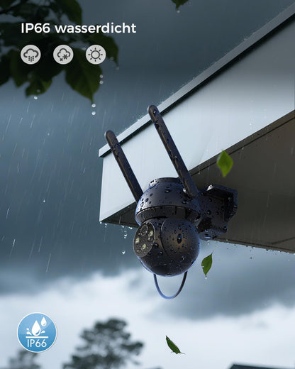 Black outdoor security camera with dual antennas, showing IP66 waterproof rating in rain.
