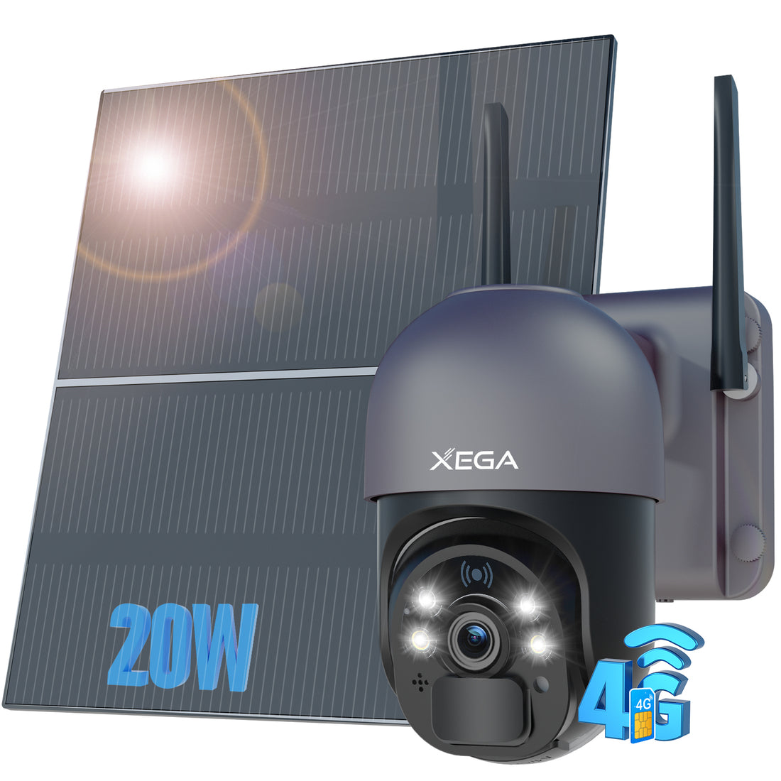 Cámara de vigilancia Xega 4G LTE – Panel solar de 20W, batería de 20000 mAh, visión nocturna en color 2K HD y audio bidireccional