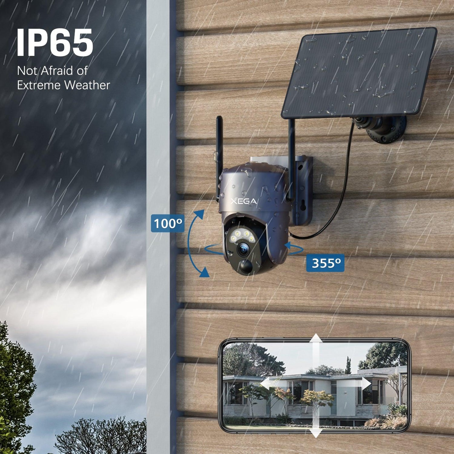 Xega solar-powered outdoor security camera with 355° pan, 100° tilt, 2K color night vision, and IP65 weather resistance.