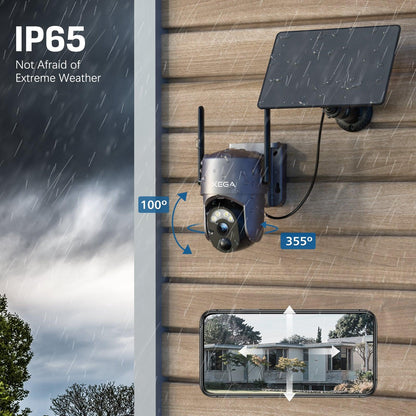 Xega solar-powered outdoor security camera with 355° pan, 100° tilt, 2K color night vision, and IP65 weather resistance.