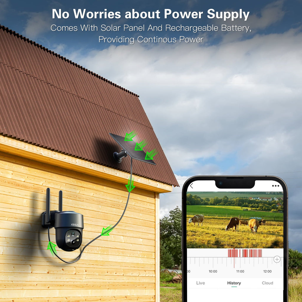 Xega 4G LTE solar camera on wooden house, solar panel powered. Smartphone view shows cows in field.