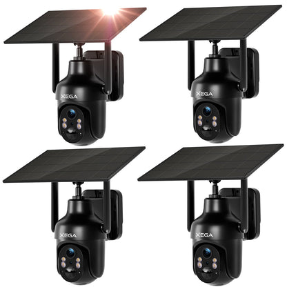 Xega outdoor security camera with solar panel, 2K HD, PTZ, motion detection, and 2-way audio.