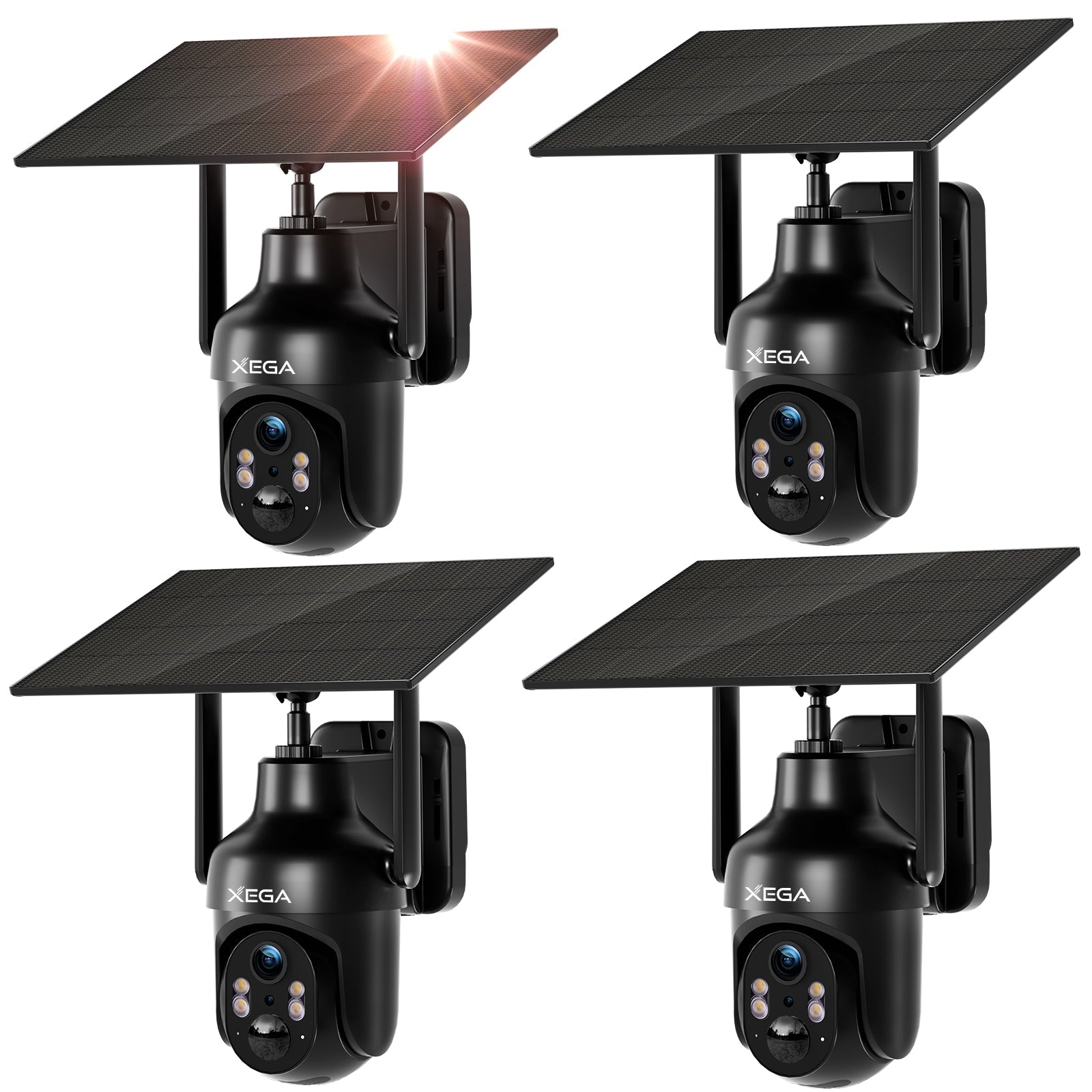 Xega outdoor security camera with solar panel, 2K HD, PTZ, motion detection, and 2-way audio.