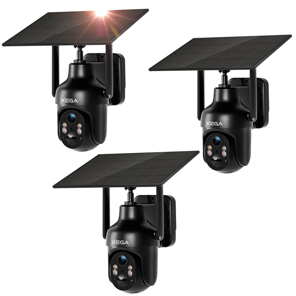 Xega WIFI outdoor surveillance camera with solar panel, 2K HD PTZ, motion detection, and two-way audio