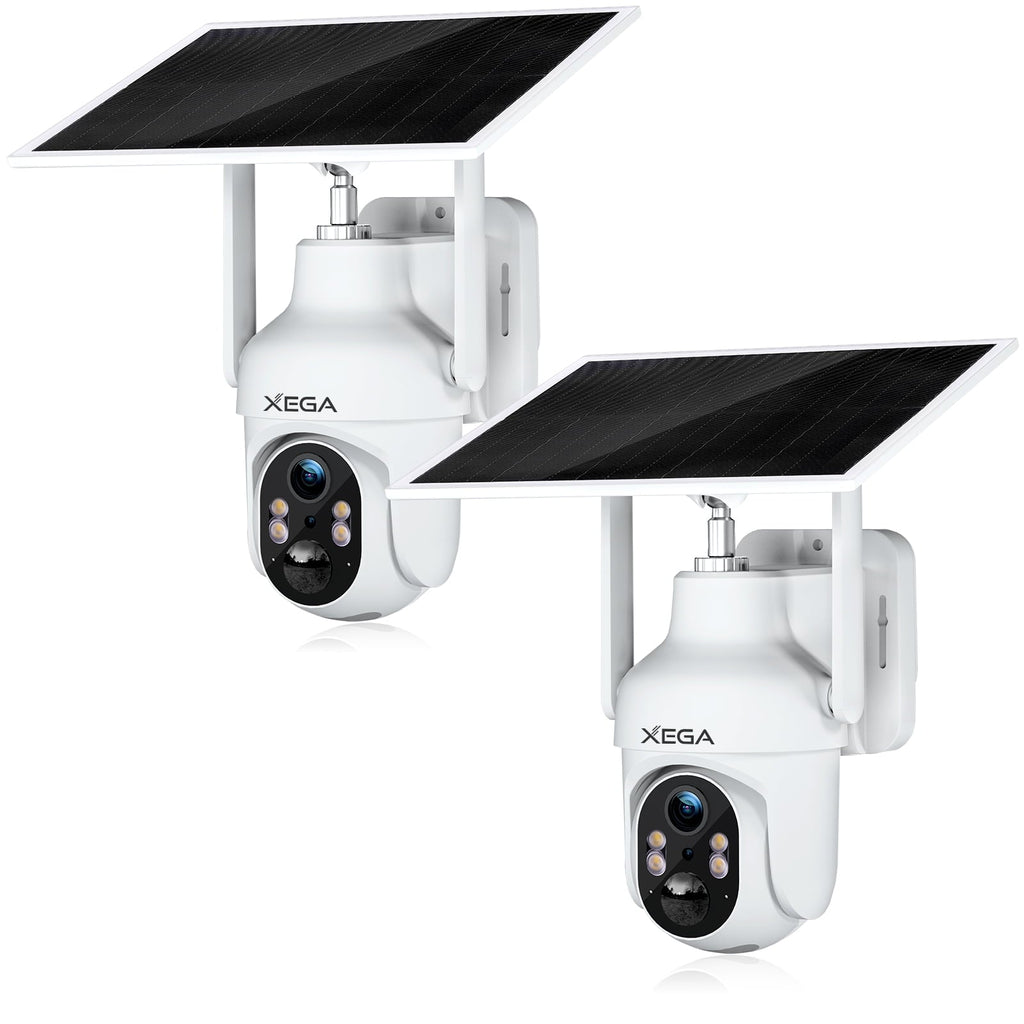 Two white Xega 4G outdoor security cameras with solar panels mounted above, featuring night vision and a sleek design.