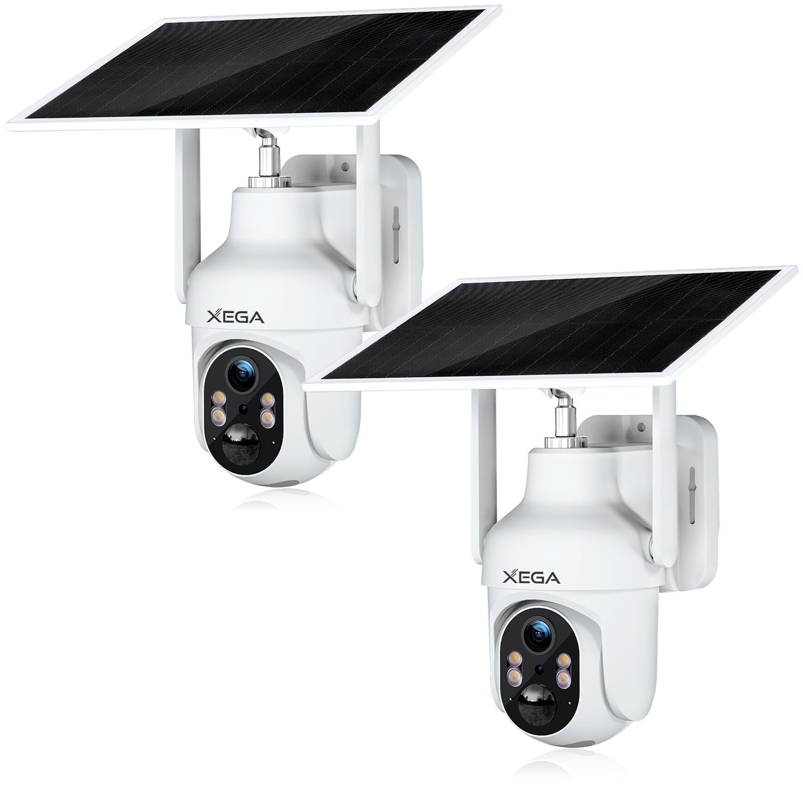 Two white Xega 4G outdoor security cameras with solar panels mounted above, featuring night vision and a sleek design.