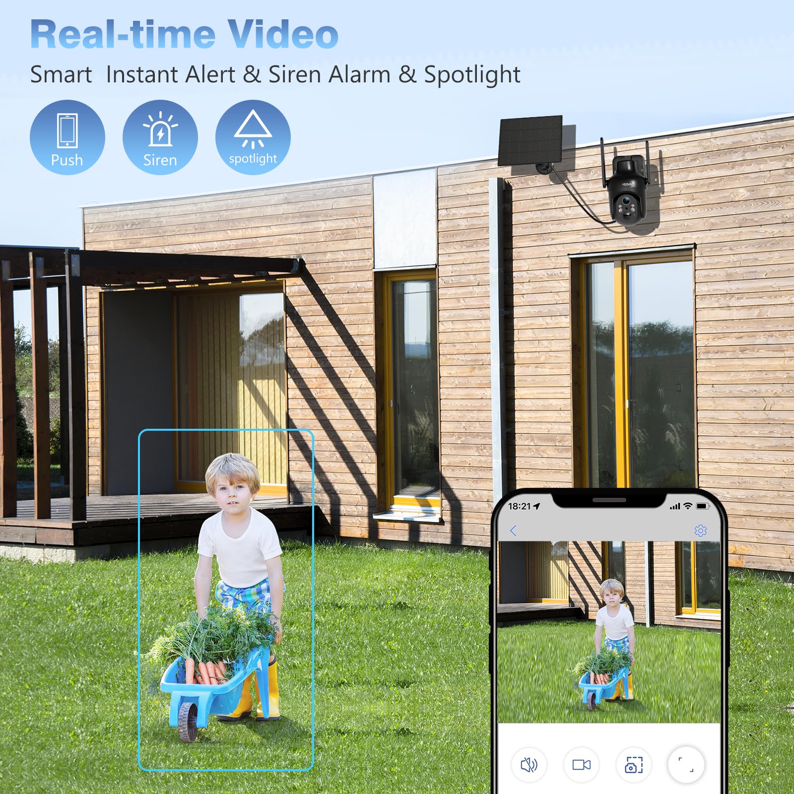 Xega Cámara Vigilancia WiFi Exterior Solar, 2K HD Visión Nocturna en Color, 5200mAh Batería Incorporada, Detección Humana PIR Audio Bidireccional Nube/Tarjeta TF WiFi 2,4 GHz Inalámbrica IP66 [Clase de eficiencia energética A+++]