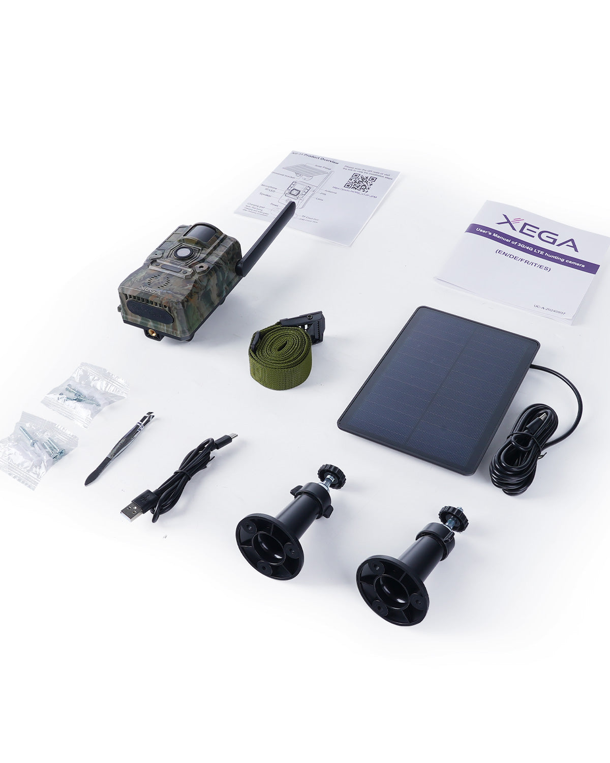 Xega 4G LTE hunting camera kit with solar panel, mounting brackets, strap, USB cable, and user manual.