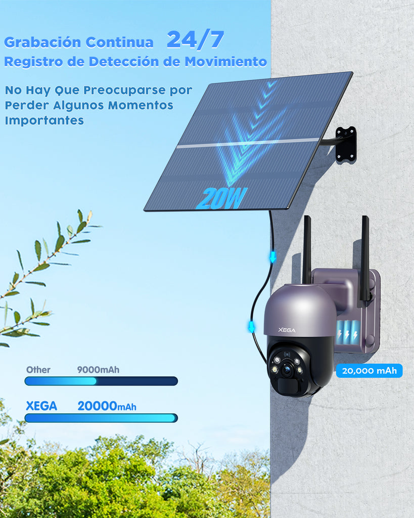 Cámara de vigilancia Xega 4G LTE – Panel solar de 20W, batería de 20000 mAh, visión nocturna en color 2K HD y audio bidireccional
