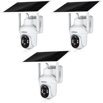 White Xega 4G outdoor security camera with solar panel, 2K HD, and infrared night vision