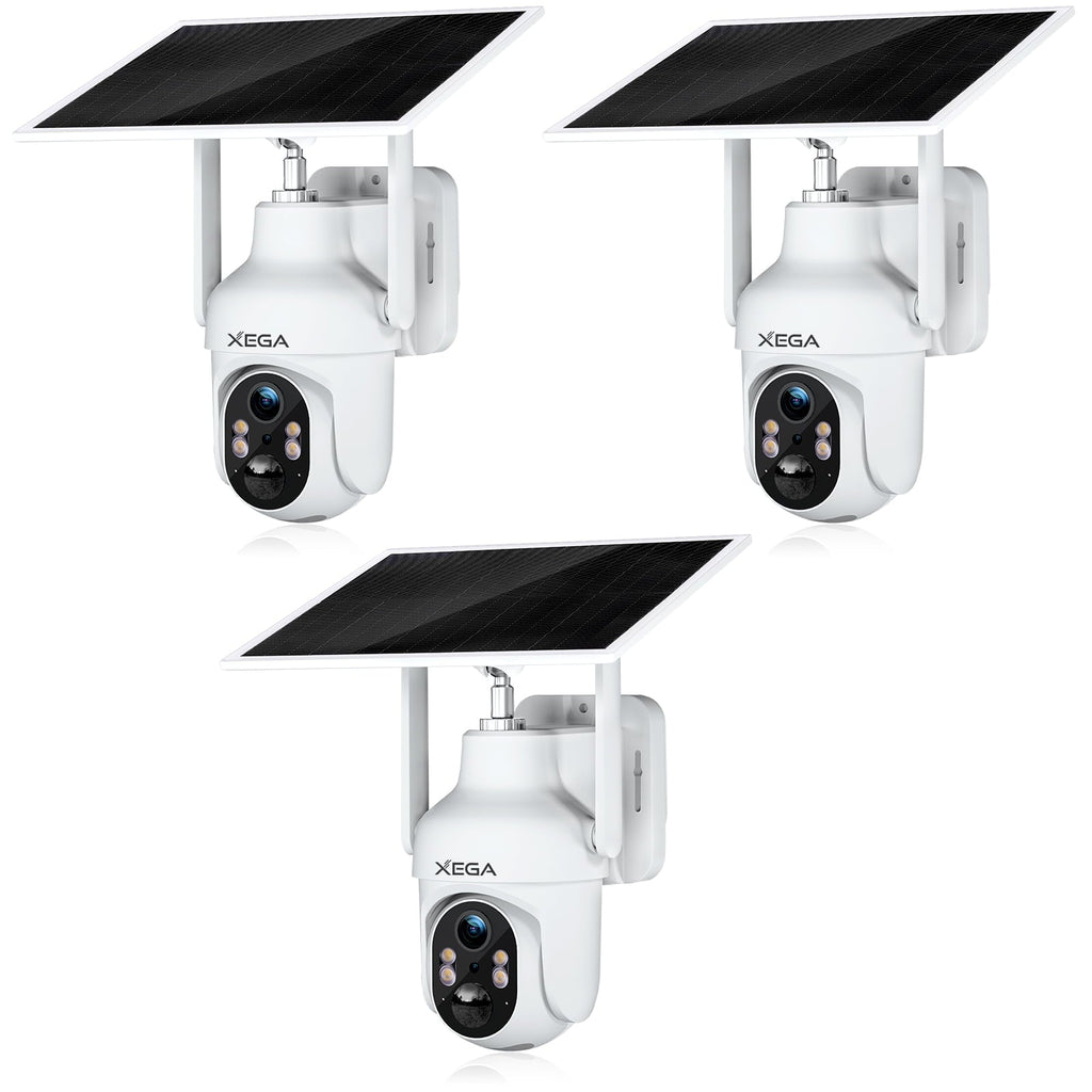 White Xega 4G outdoor security camera with solar panel, 2K HD, and infrared night vision