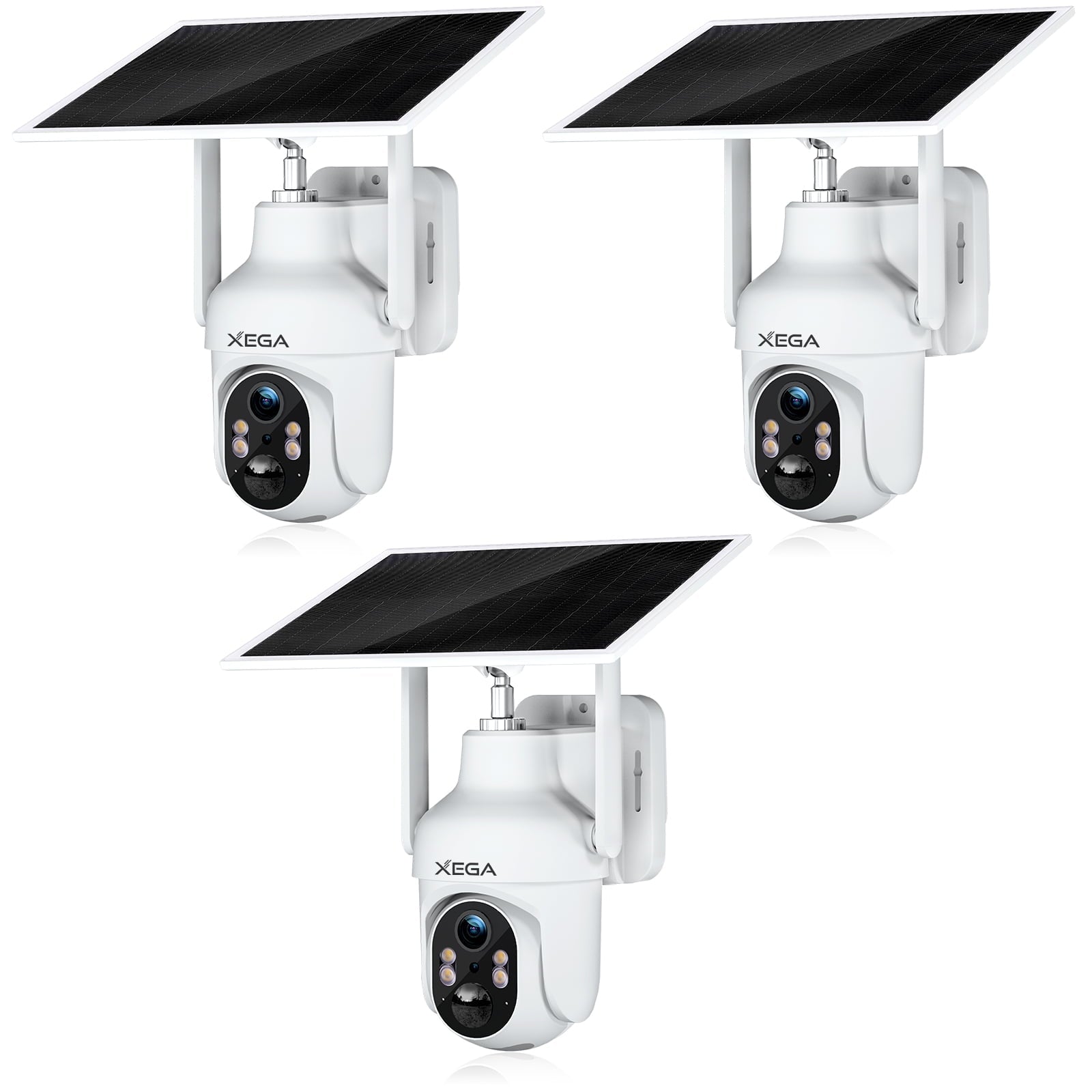 White Xega 4G outdoor security camera with solar panel, 2K HD, and infrared night vision