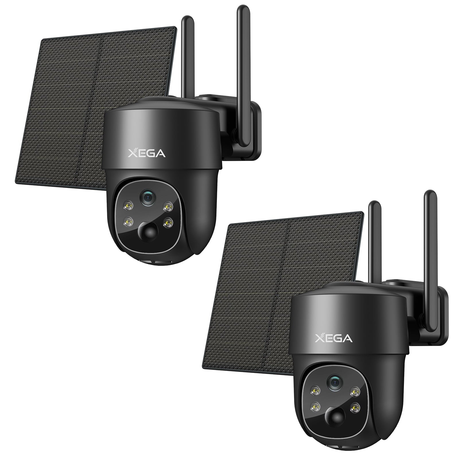 Two black Xega 4G LTE outdoor security cameras with solar panels and antennas, shown from the front.