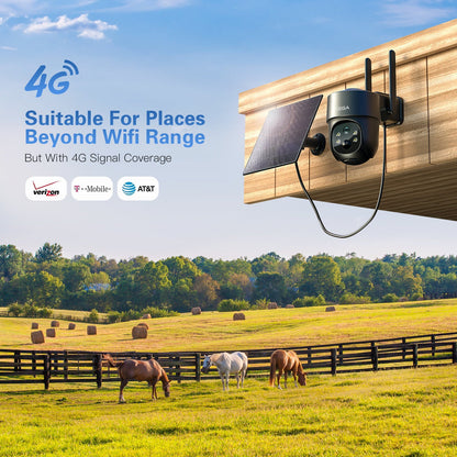 Xega 4G LTE solar security camera for areas without WiFi, showing carrier logos.
