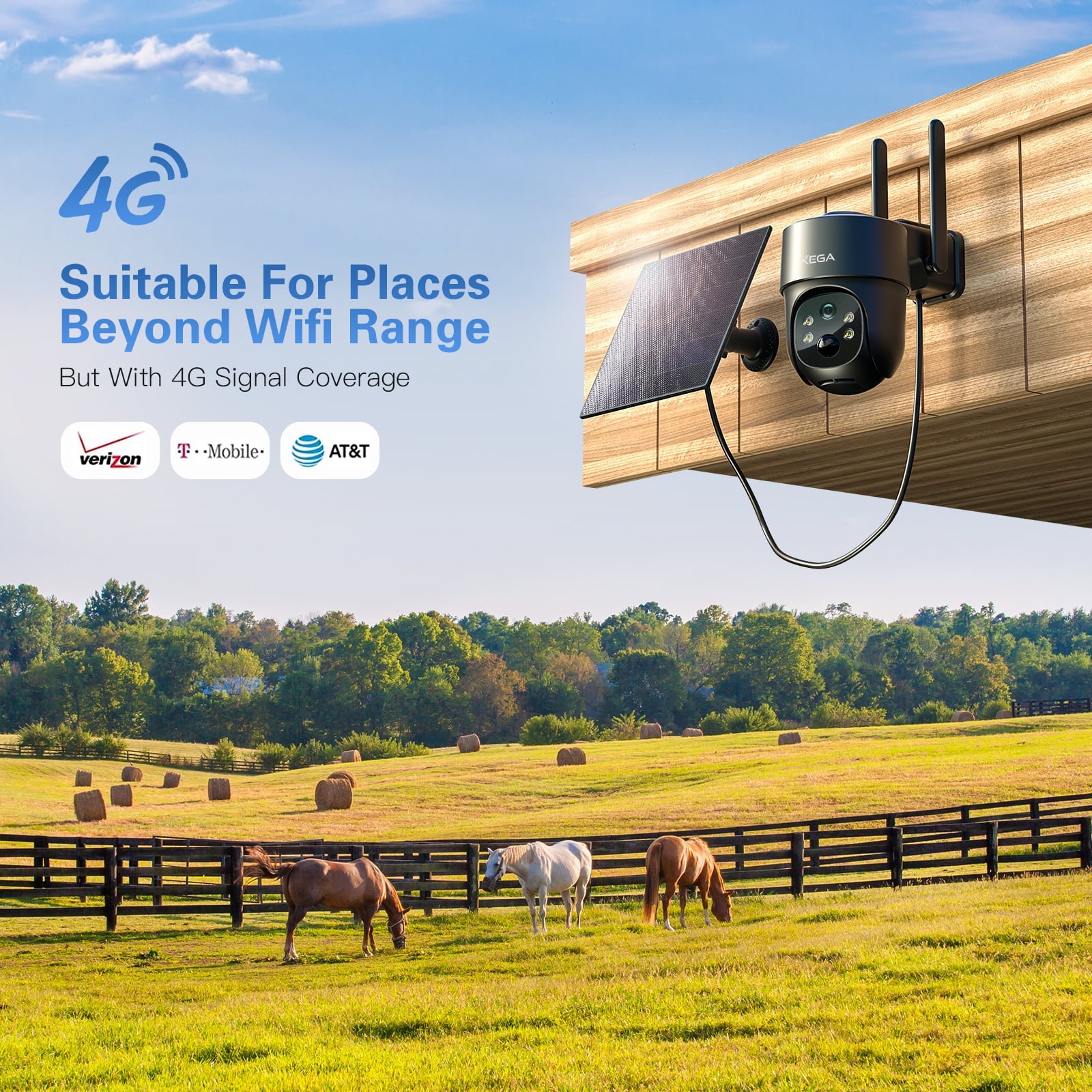 Xega 4G LTE solar security camera for areas without WiFi, showing carrier logos.