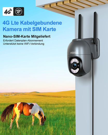 Graue Xega 4G LTE Überwachungskamera mit SIM-Karte, 2K HD und kontinuierlicher Aufzeichnung, mit Nano-SIM-Karte