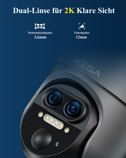 Xega XG-16 4G LTE Überwachungskamera mit Dual-Linse für 2K klare Sicht, Weitwinkel- und Teleobjektiv.