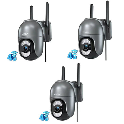 Three Xega 4G LTE security cameras with 4G symbols. Features 2K HD resolution and continuous recording.