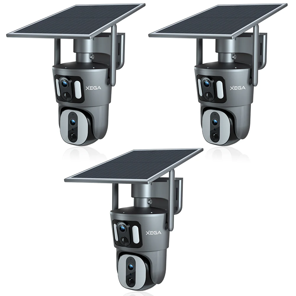 Xega 4G LTE Cámara de Seguridad Inalámbrica para Exteriores con Doble Lente Cámara de Seguridad Solar 1080P HD Vista de 360° Pantalla Dual Visión Nocturna en Color Audio Bidireccional IP66 TF/Cloud