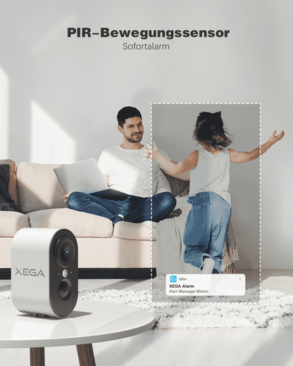 Xega 4G LTE indoor camera with PIR motion sensor, showing a father watching his child play, with a phone notification alert.