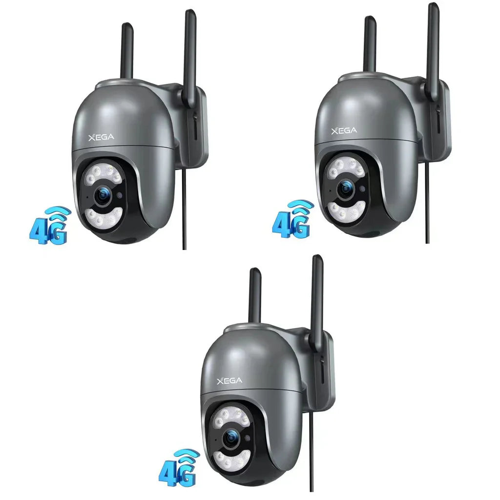 Three Xega 4G LTE security cameras with 4G symbols. Features 2K HD resolution and continuous recording.