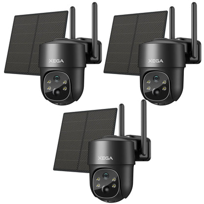 Three black Xega 4G LTE solar security cameras with solar panels and antennas.