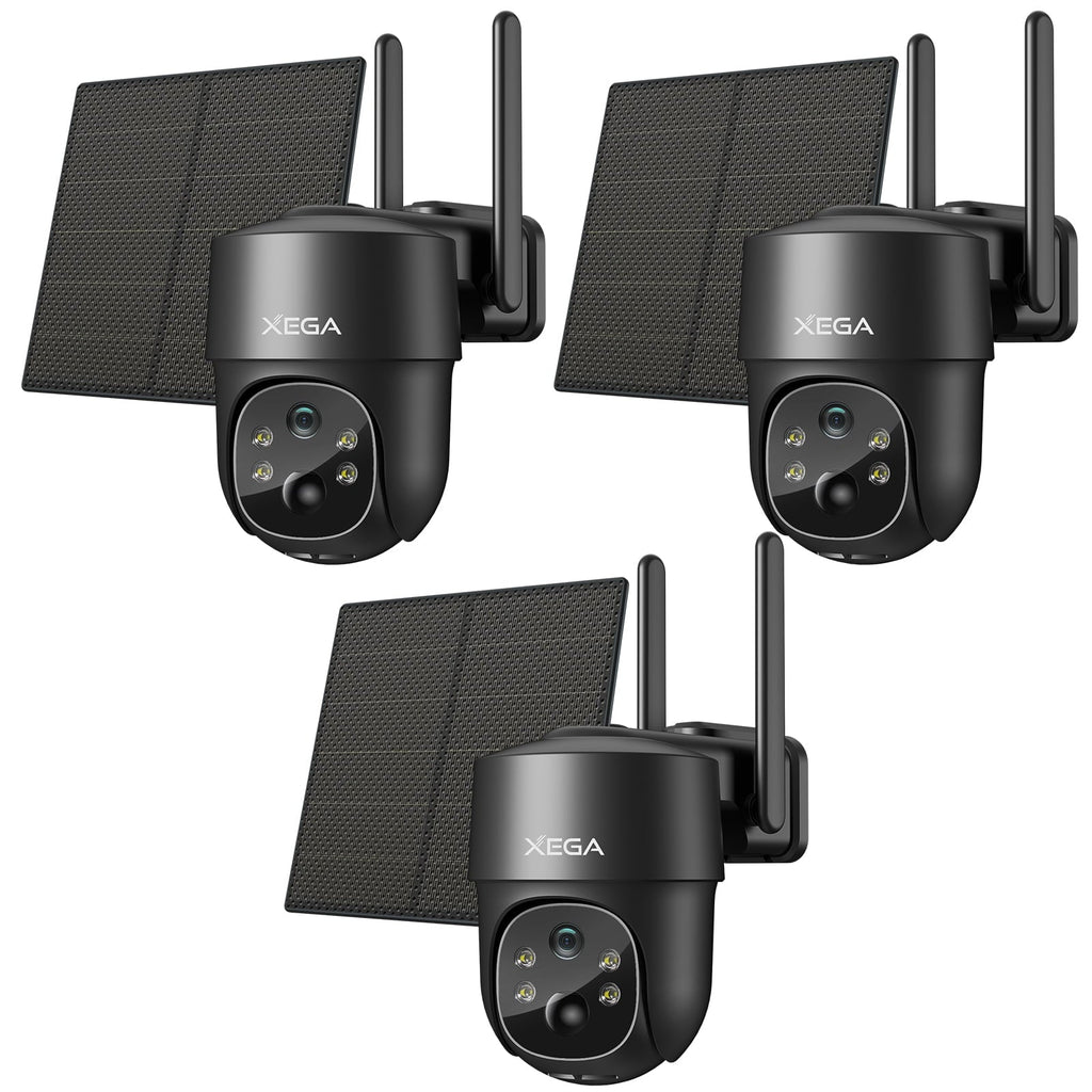 Three black Xega 4G LTE solar security cameras with solar panels and antennas.