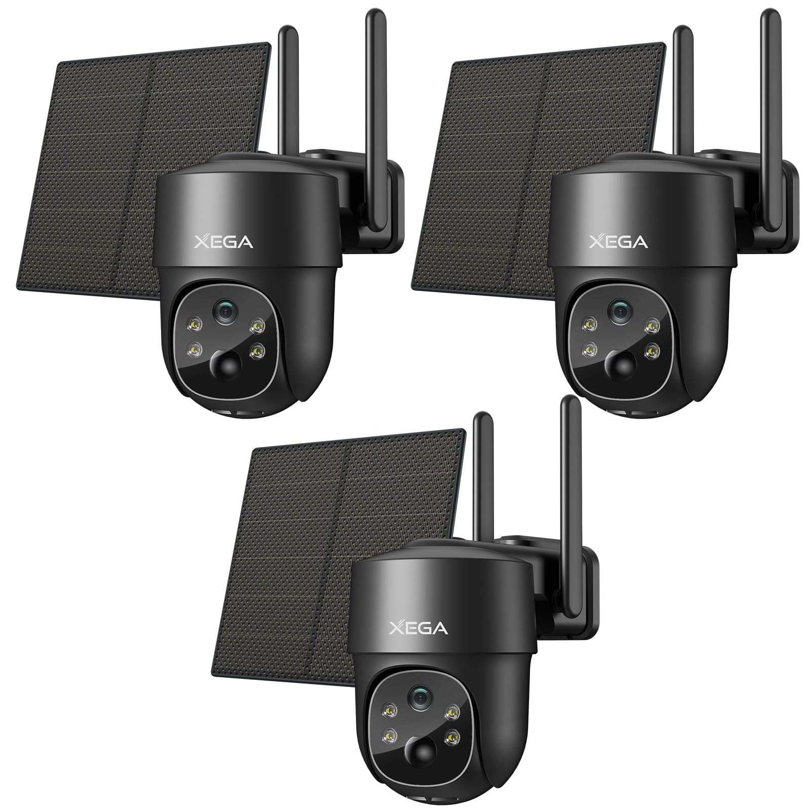 Three black Xega 4G LTE solar security cameras with solar panels and antennas.