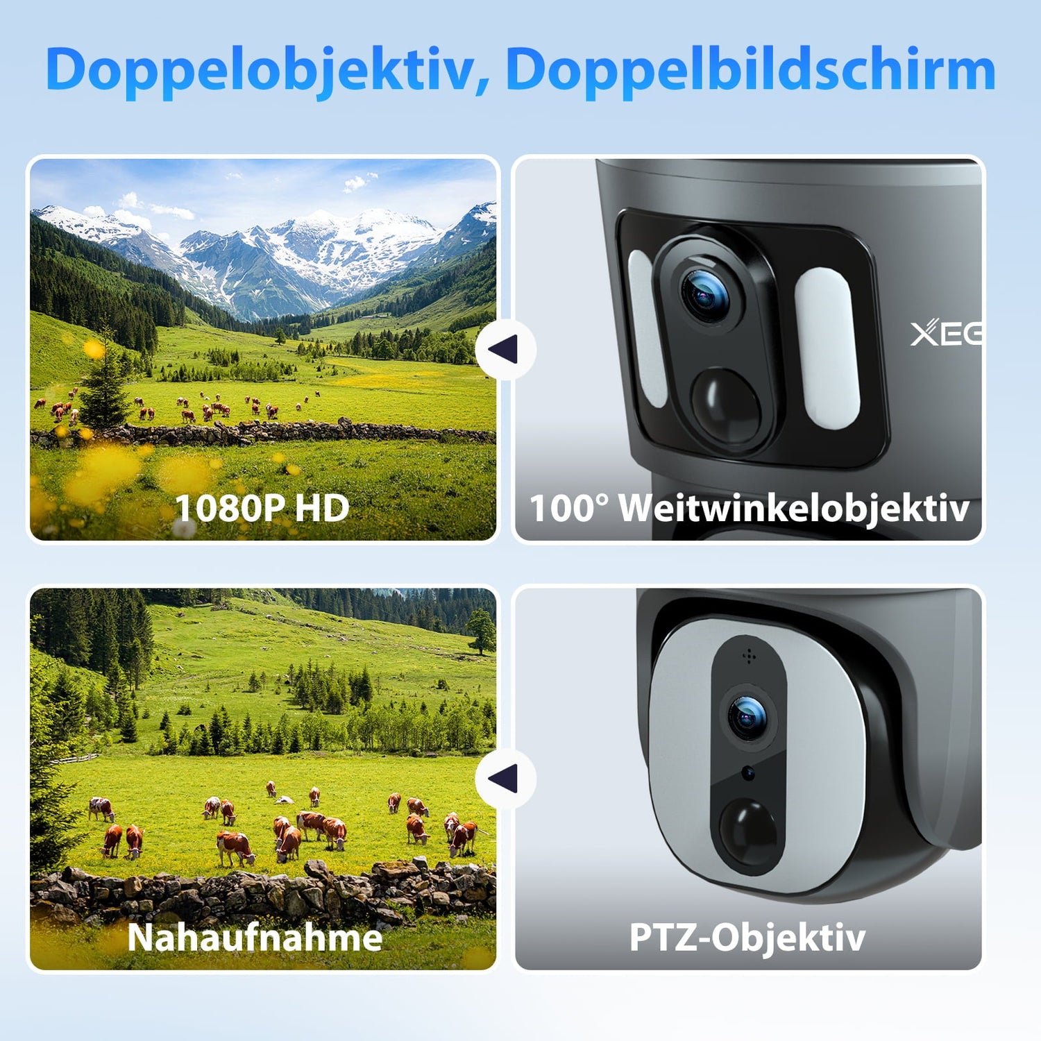 Xega XG-06 Doppelobjektiv Überwachungskamera, 1080P HD mit 100° Weitwinkel und PTZ-Objektiv, Dual-Screen-Ansicht.