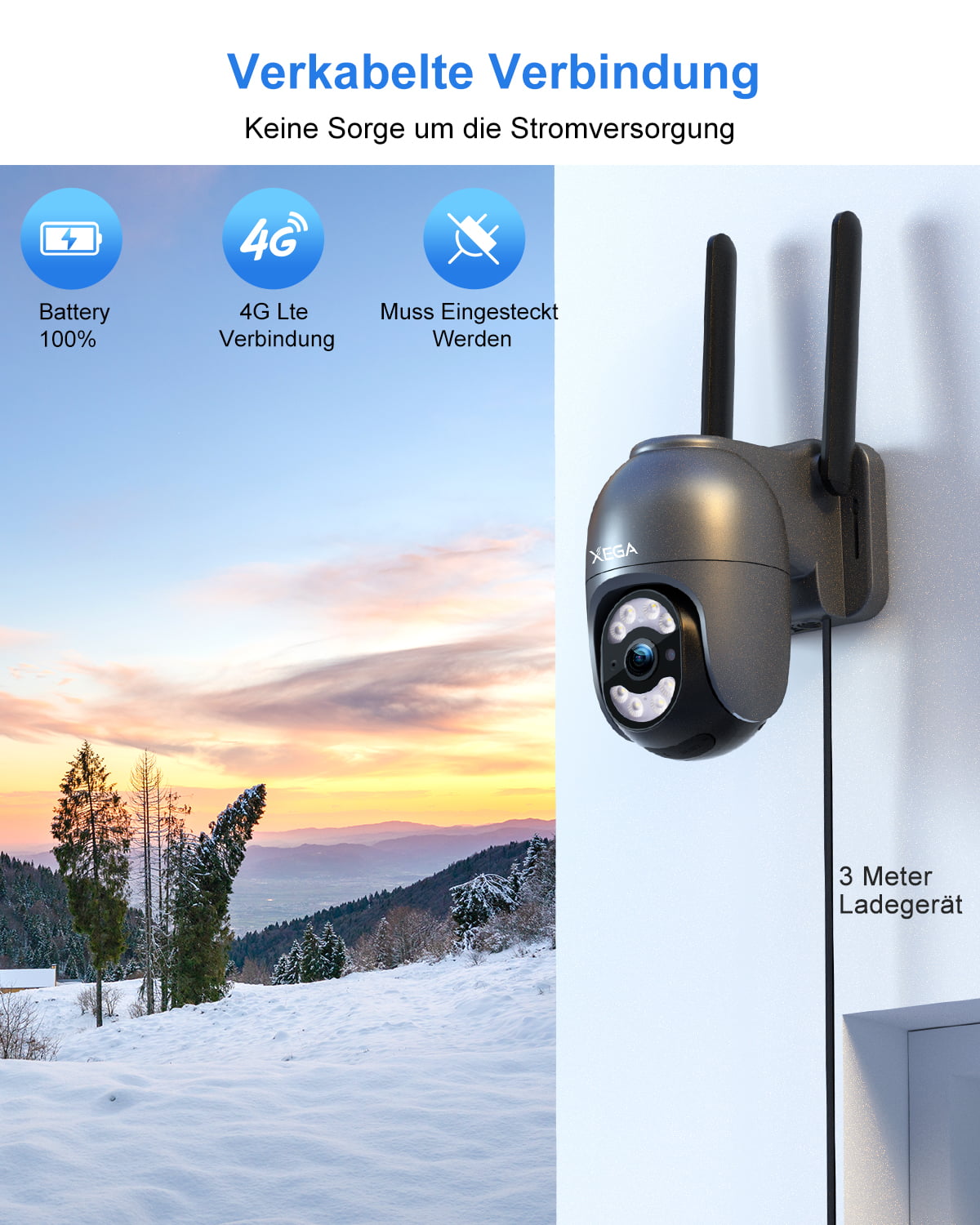 Xega 4G LTE Überwachungskamera: 2K HD, 100% Akku, 4G LTE, 3m Ladekabel. Ideal für abgelegene Orte.