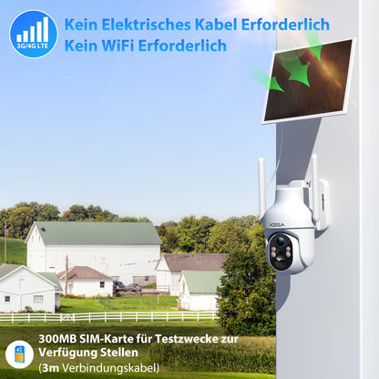 Xega 4G Überwachungskamera mit Solarpanel, kein Stromkabel &amp; WiFi nötig. 300MB SIM-Karte enthalten.