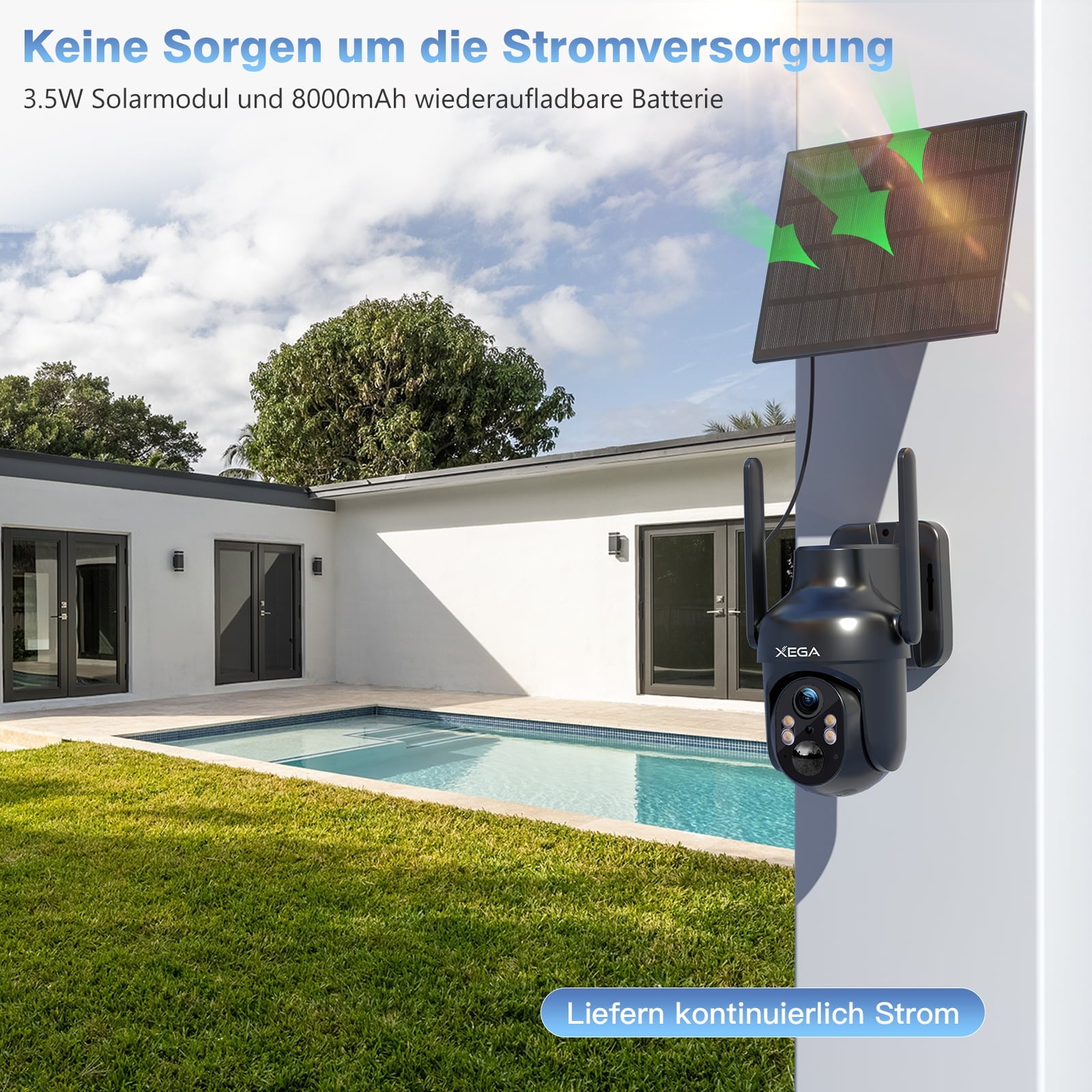 Xega WIFI Überwachungskamera Aussen: 3.5W Solarmodul &amp; 8000mAh Batterie. Kontinuierliche Stromversorgung.