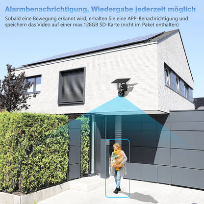 Xega outdoor security camera with solar panel on a modern house, detecting a woman with groceries.