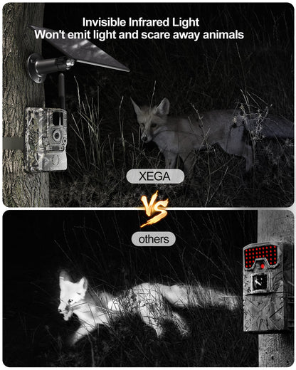 Xega 4G LTE solar trail camera with invisible infrared light capturing a fox at night.
