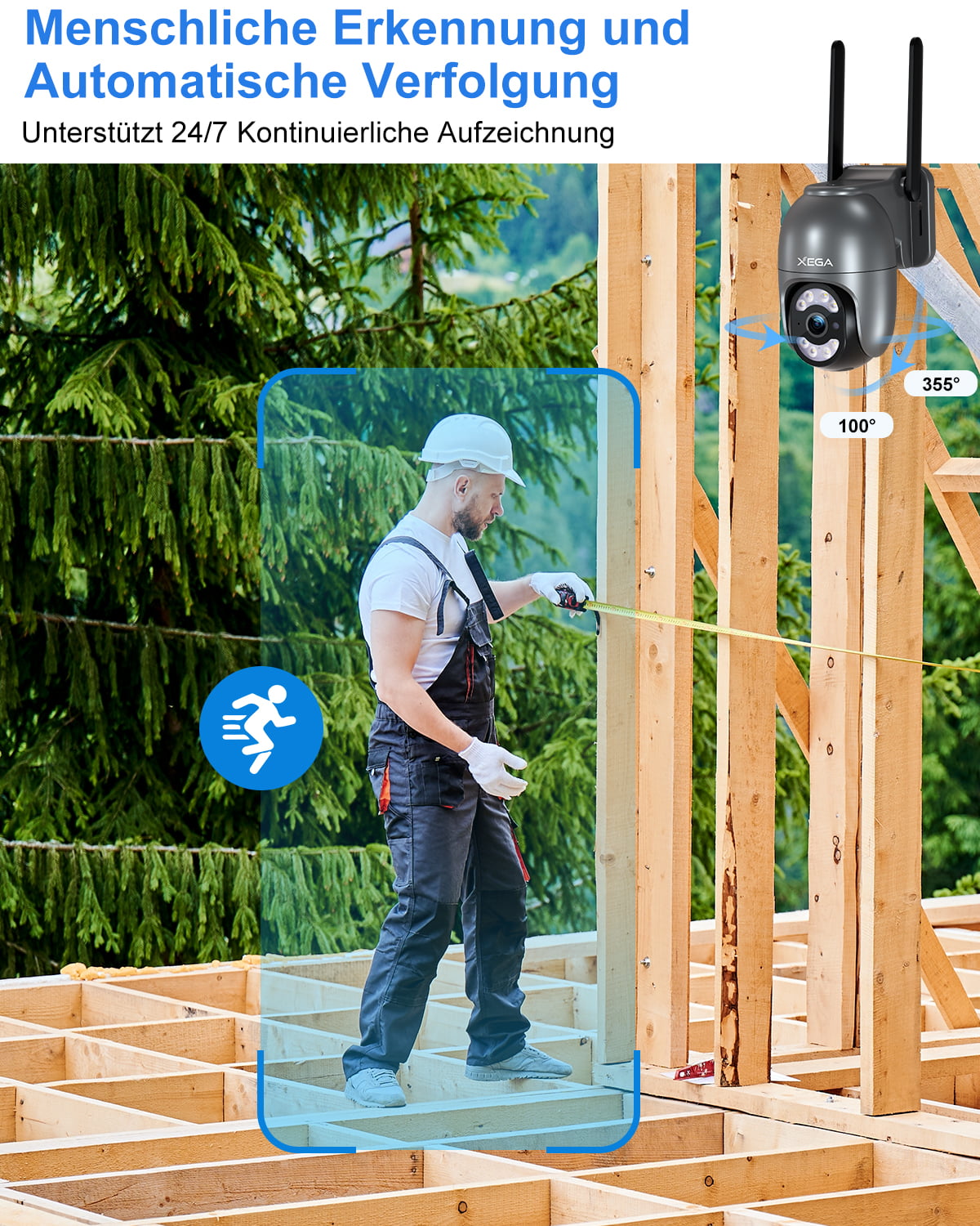 Xega 4G LTE camera detecting human motion and tracking during 24/7 recording at a construction site.