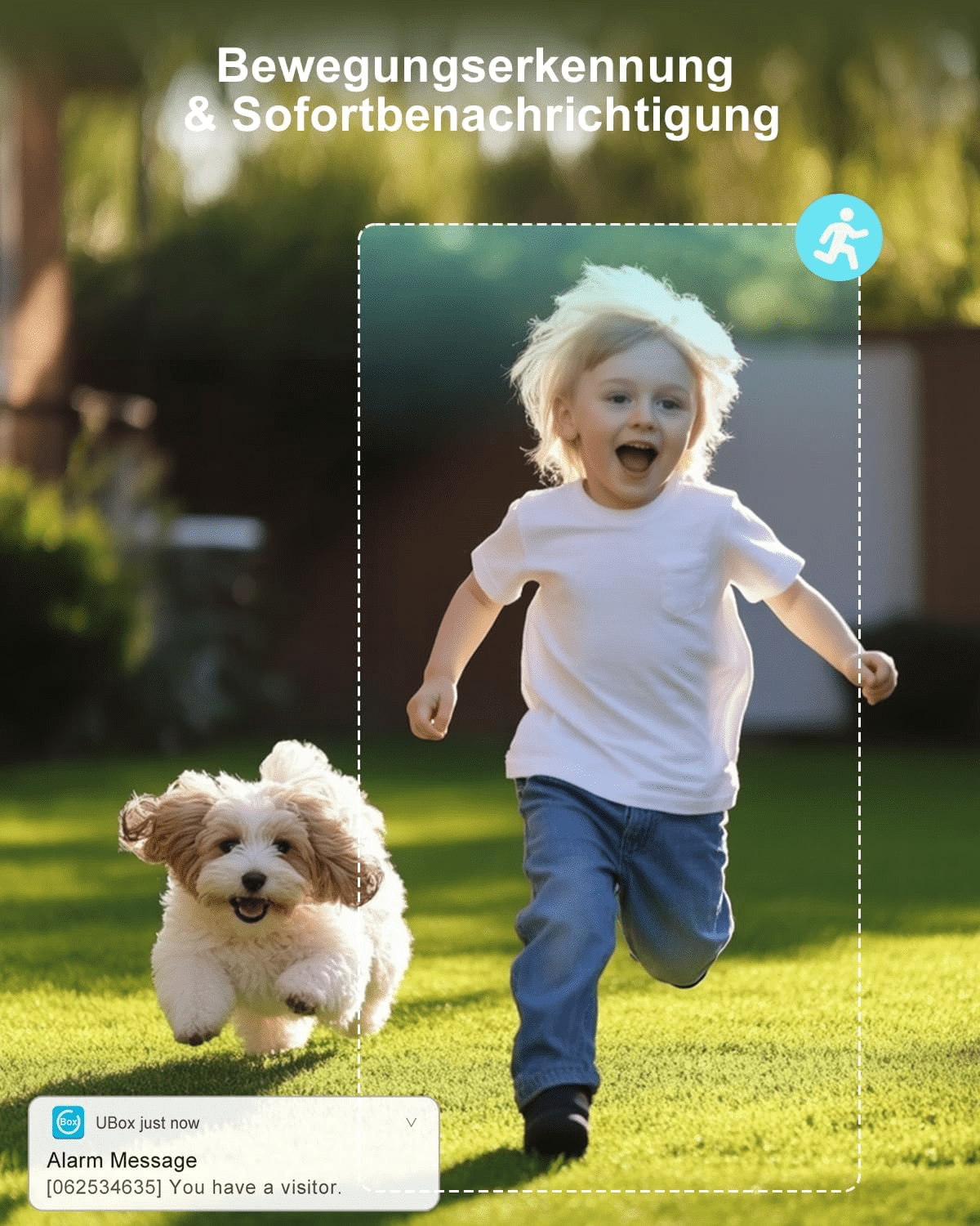 Xega XG-18 4G LTE Kamera mit Bewegungserkennung. Kind und Hund im Garten, Alarm Benachrichtigung auf dem Handy.