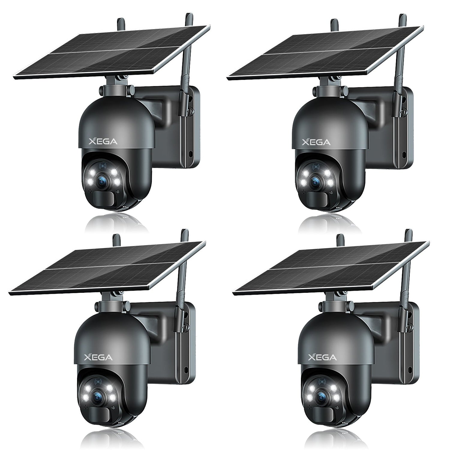 Xega 4G LTE Solar-Außenüberwachungskamera in Schwarz mit 2K-Nachtsicht und Solarpanel, ideal für den Außenbereich.