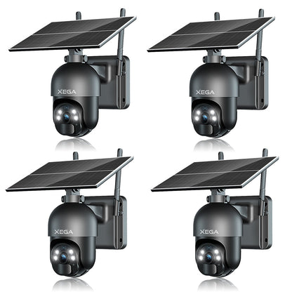 Xega 4G LTE Solar-Außenüberwachungskamera in Schwarz mit 2K-Nachtsicht und Solarpanel, ideal für den Außenbereich.